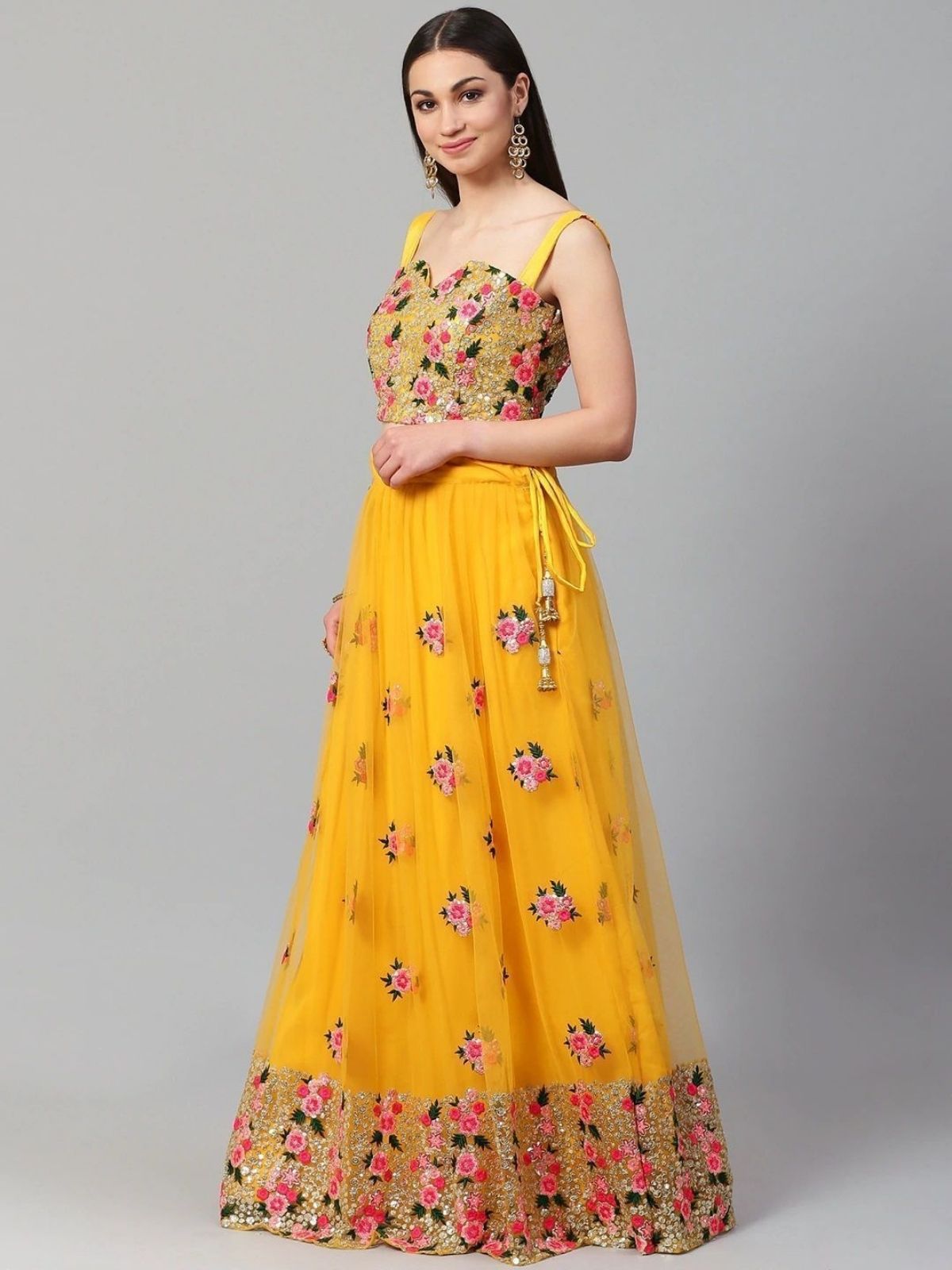 Odette Yellow Net Embroidered Semi-Stitched lehenga For Women