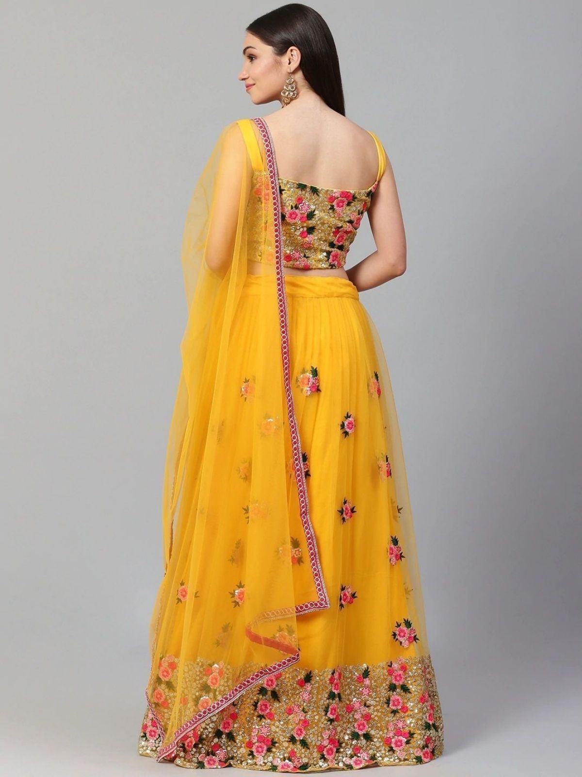 Odette Yellow Net Embroidered Semi-Stitched lehenga For Women