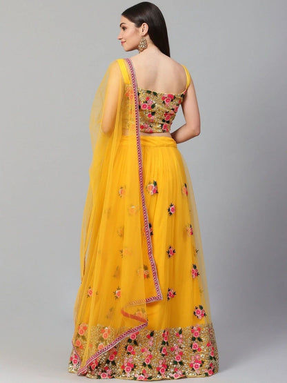 Odette Yellow Net Embroidered Semi-Stitched lehenga For Women