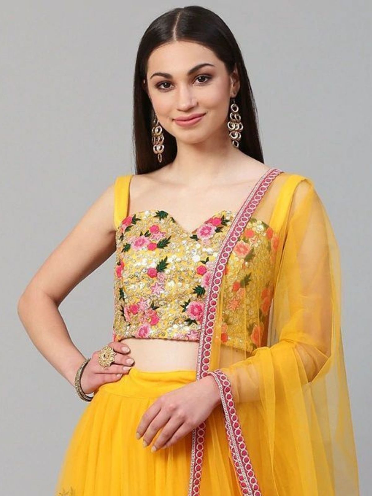 Odette Yellow Net Embroidered Semi-Stitched lehenga For Women