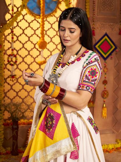 Odette Multicolor Viscose Cotton Embroidered Semi-Stitched lehenga With Patch Work And Stunning Tassels For Women