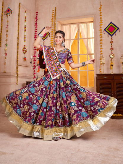 Odette Purple Cotton Blend Embroidered  Semi-Stitched Lehenga For Women