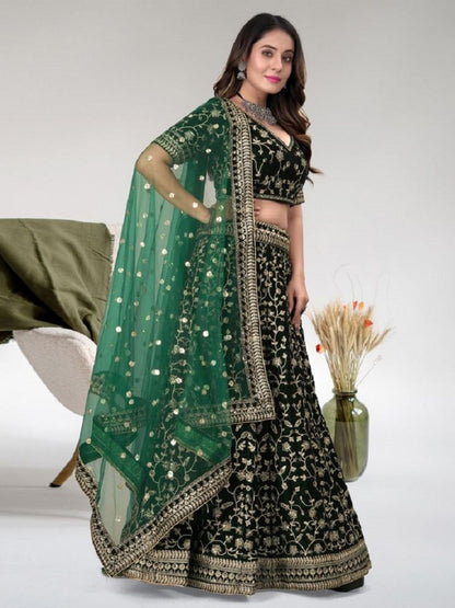 Odette Green Velvet Embroidered Semi-Stitched Lehenga For Women