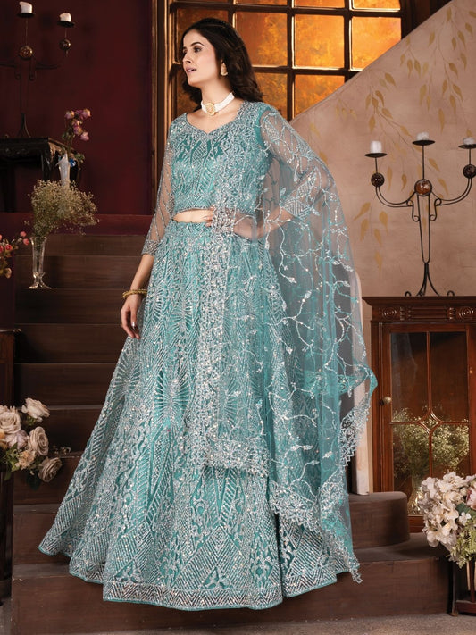 Odette Blue Net Embroidered Semi-Stitched lehenga For Women