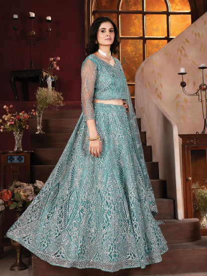 Odette Blue Net Embroidered Semi-Stitched lehenga For Women