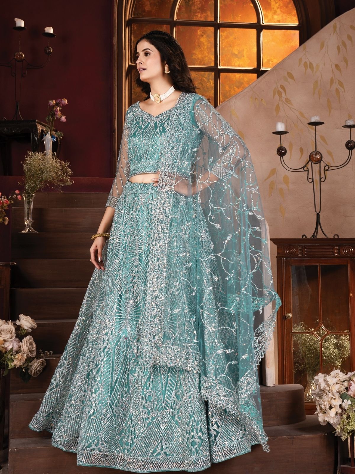 Odette Blue Net Embroidered Semi-Stitched lehenga For Women