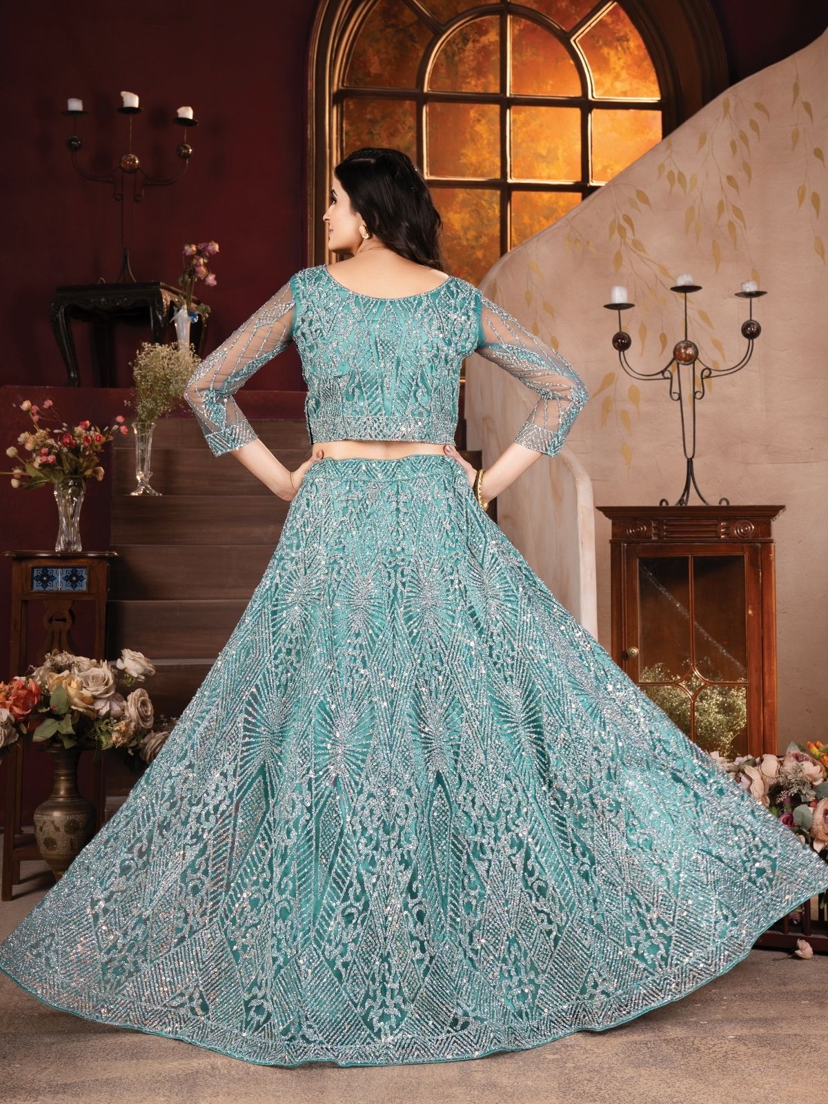 Odette Blue Net Embroidered Semi-Stitched lehenga For Women