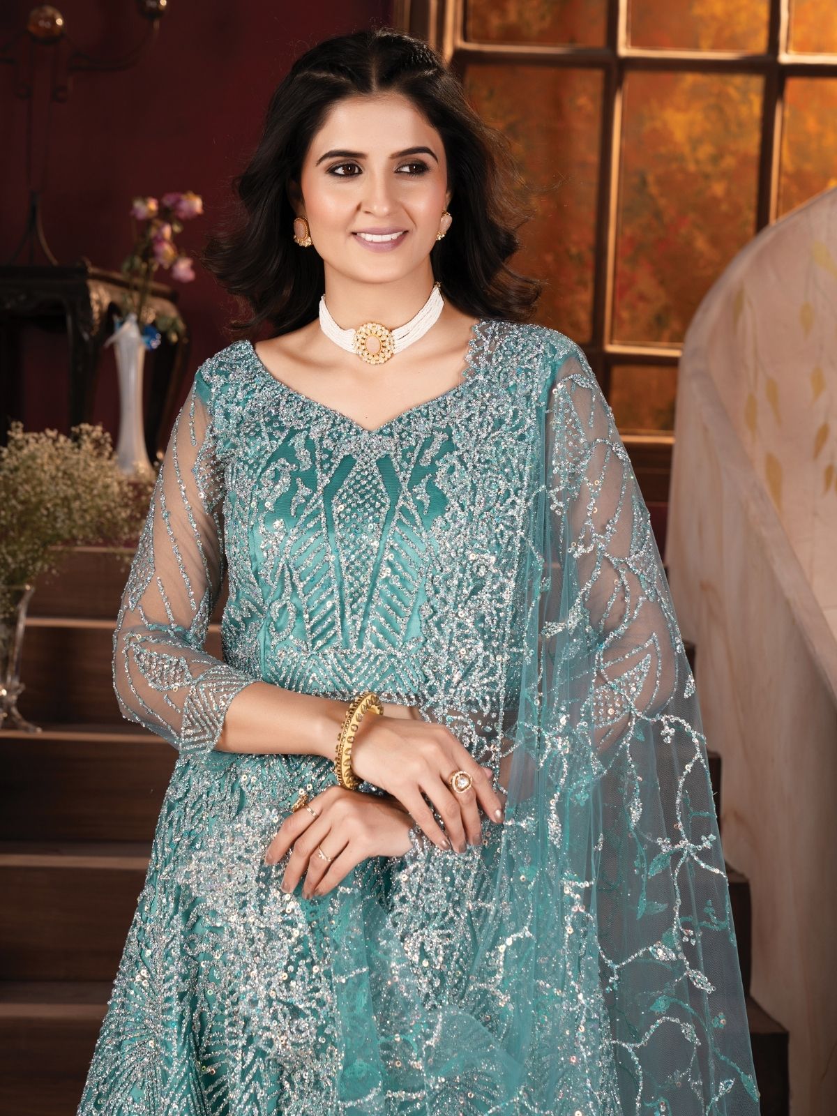 Odette Blue Net Embroidered Semi-Stitched lehenga For Women