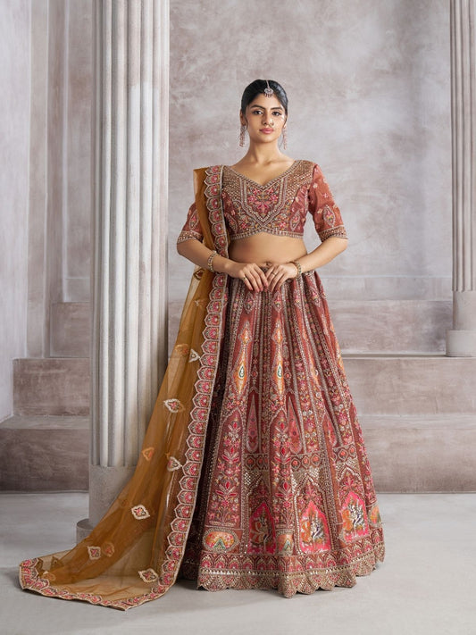 Odette Mauve Banarasi Silk Embroidered Semi-Stitched Lehenga For Women