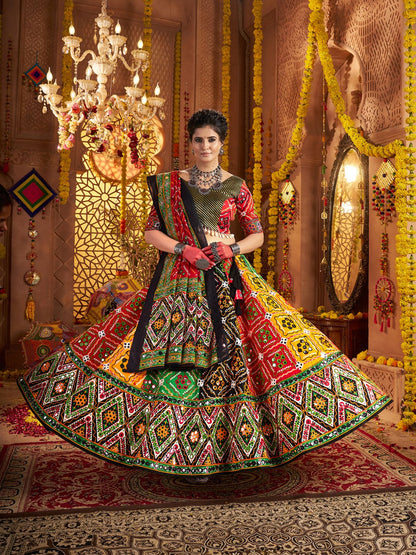 Odette Multicolor Cotton Blend Embroidered Semi-Stitched lehenga For Women
