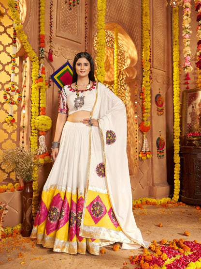 Odette Multicolor Viscose Cotton Embroidered Semi-Stitched lehenga With Patch Work And Stunning Tassels For Women