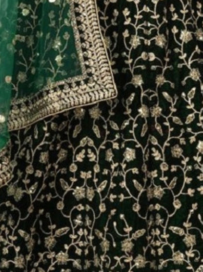 Odette Green Velvet Embroidered Semi-Stitched Lehenga For Women