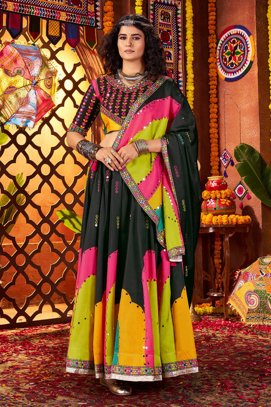 Black and Multi Colored Gaji Silk Printed and Mirror Worked Chaniya Choli