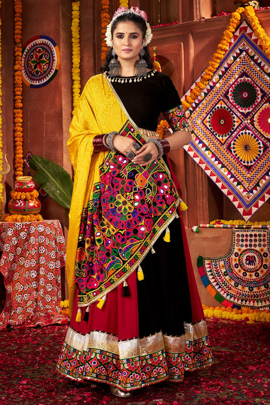 Multi Colored Viscose Cotton Kachchi Embroidered Chaniya Choli