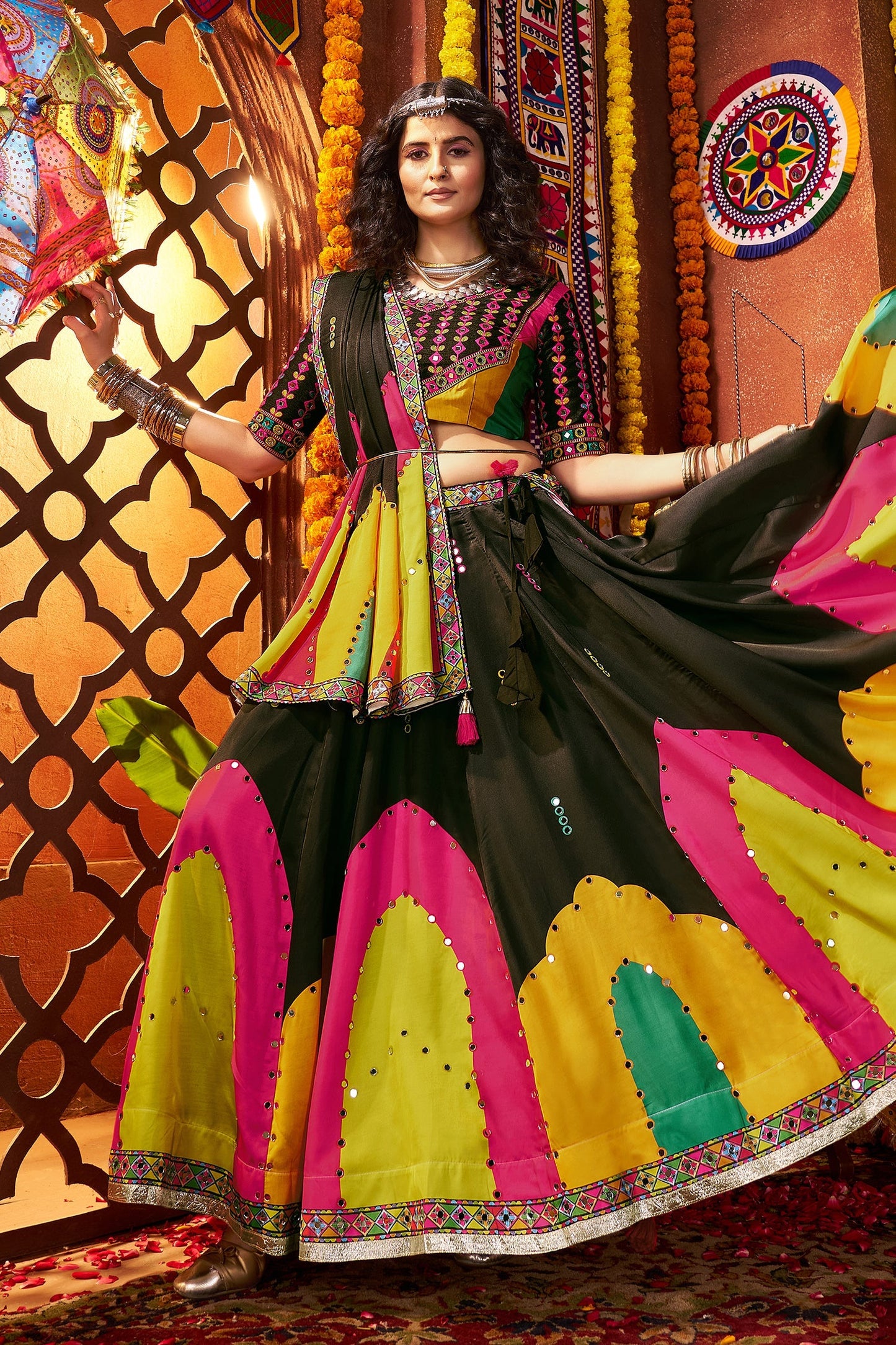 Black and Multi Colored Gaji Silk Printed and Mirror Worked Chaniya Choli