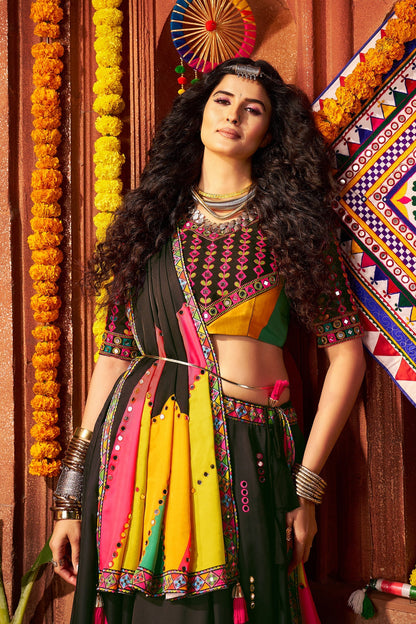 Black and Multi Colored Gaji Silk Printed and Mirror Worked Chaniya Choli