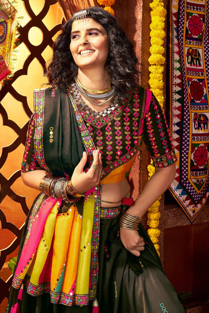 Black and Multi Colored Gaji Silk Printed and Mirror Worked Chaniya Choli