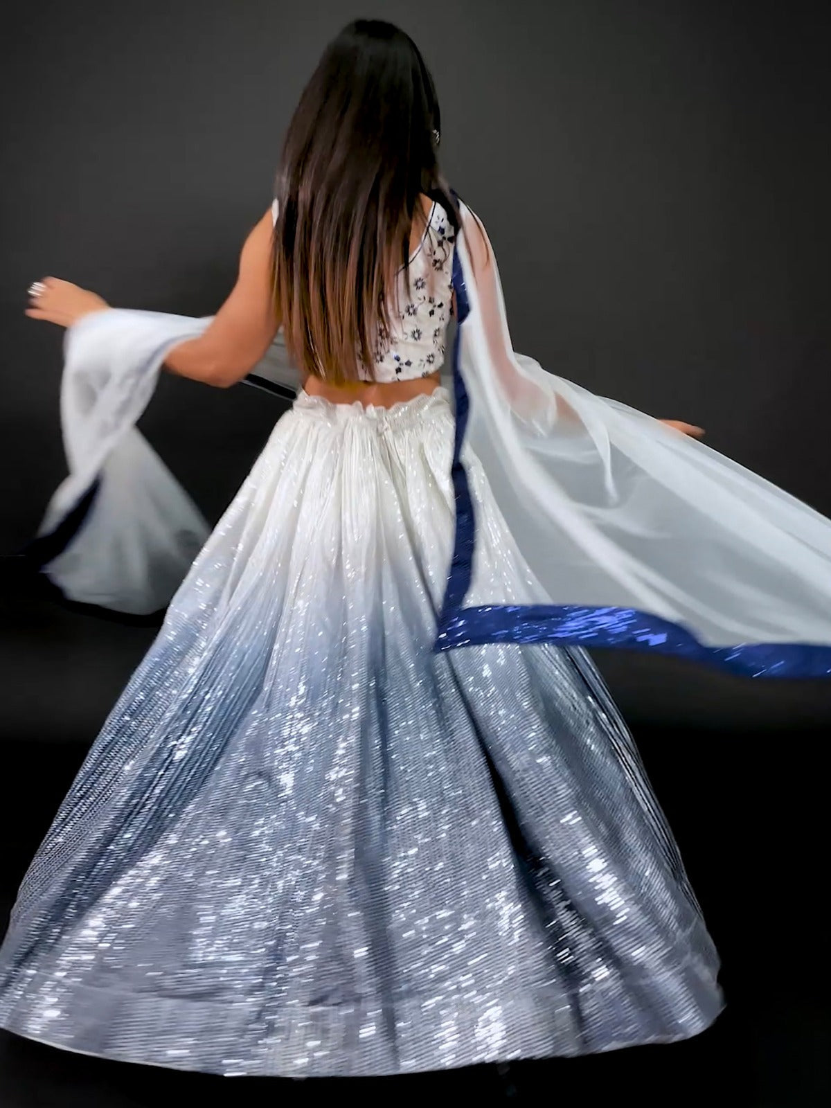 Odette Women White And Blue Georgette Sequins Semi Stitched Lehenga Choli