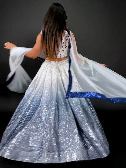 Odette Women White And Blue Georgette Sequins Semi Stitched Lehenga Choli