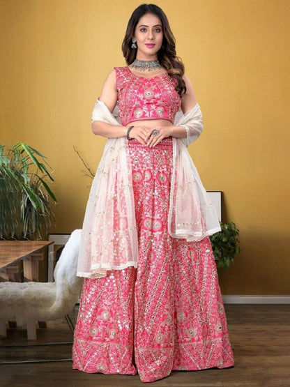 Odette Pink Silk Blend Embellished Semi-Stitched Lehenga For Women