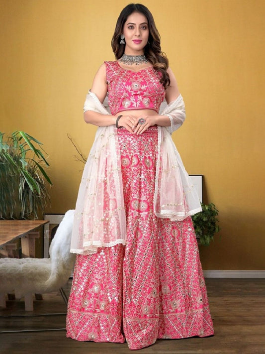 Odette Pink Silk Blend Embellished Semi-Stitched Lehenga For Women