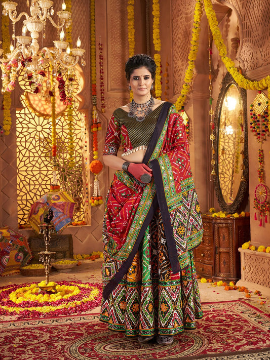 Odette Multicolor Cotton Blend Embroidered Semi-Stitched lehenga For Women