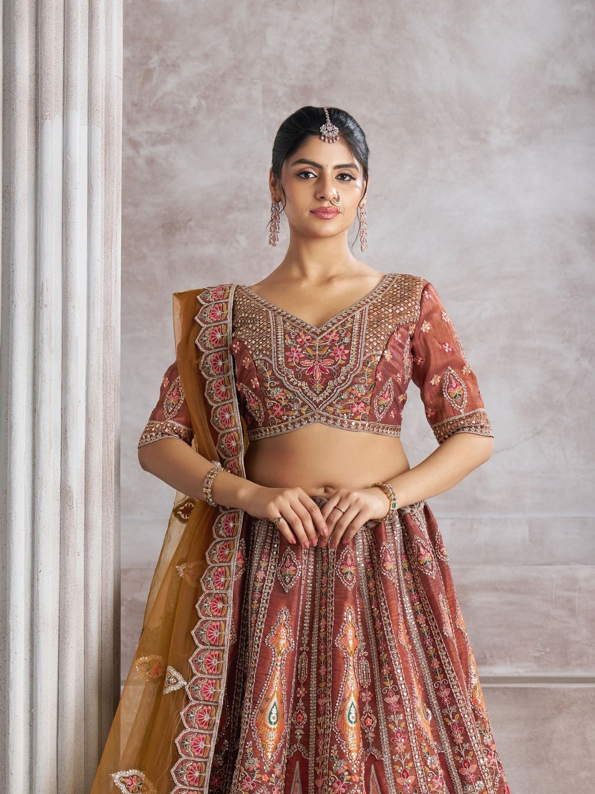 Odette Mauve Banarasi Silk Embroidered Semi-Stitched Lehenga For Women