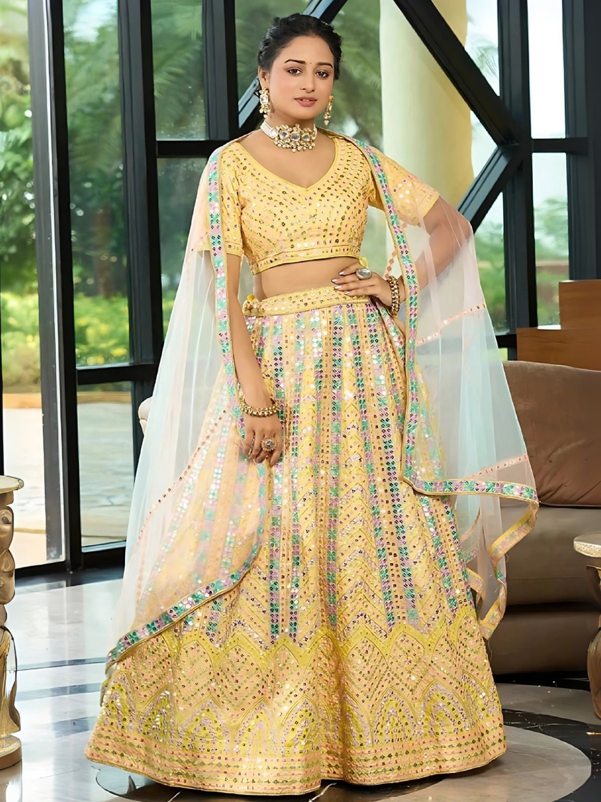 Odette Yellow Dola Silk Embellished Semi-Stitched Lehenga For Women