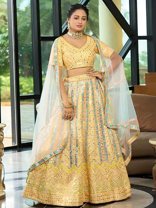 Odette Yellow Dola Silk Embellished Semi-Stitched Lehenga For Women
