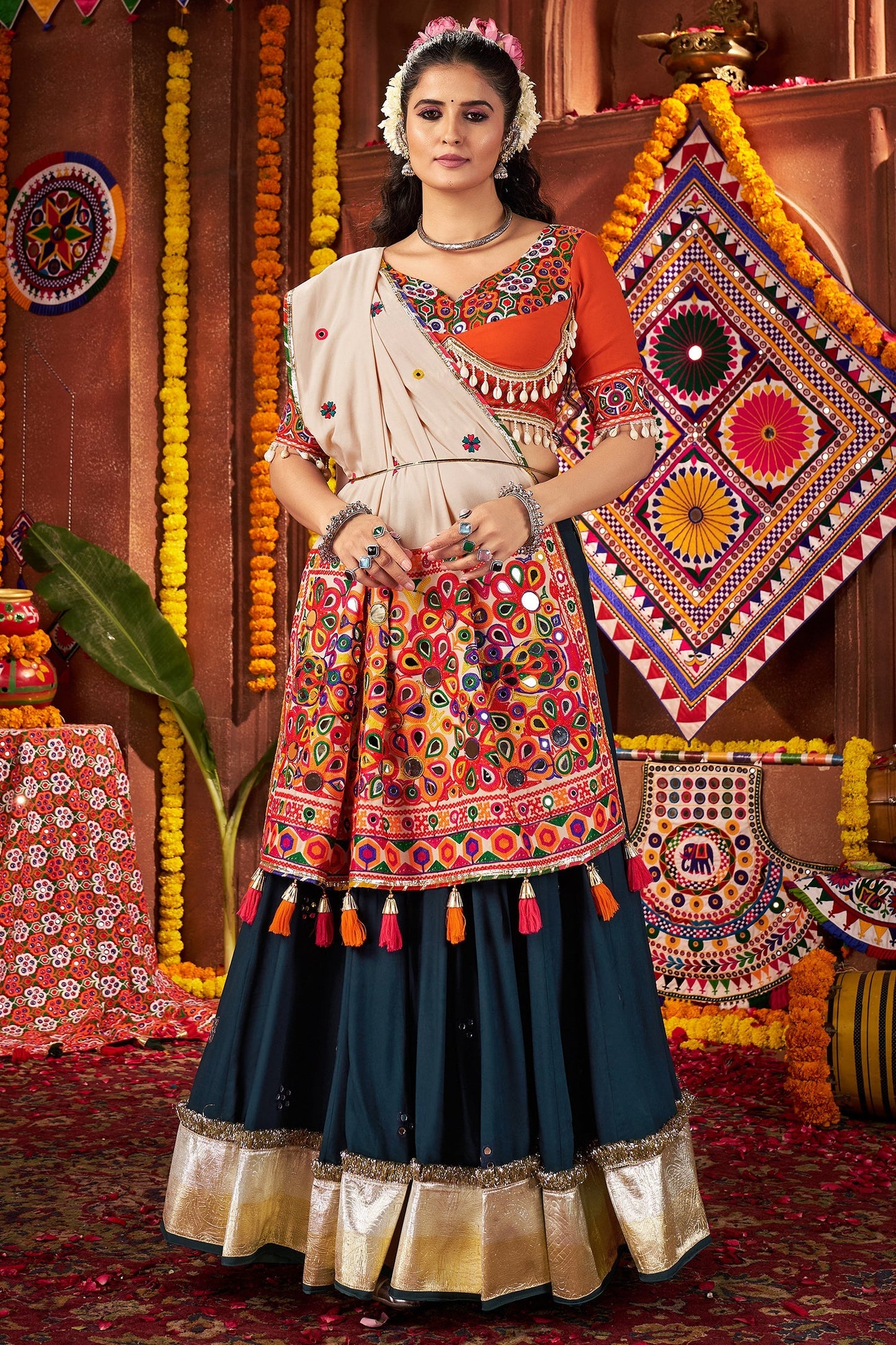 eal Blue Viscose Cotton Mirror Worked Chaniya Choli with Kachchi Work Dupatta