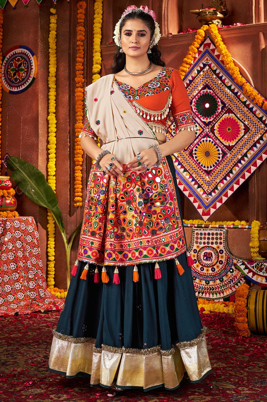 eal Blue Viscose Cotton Mirror Worked Chaniya Choli with Kachchi Work Dupatta