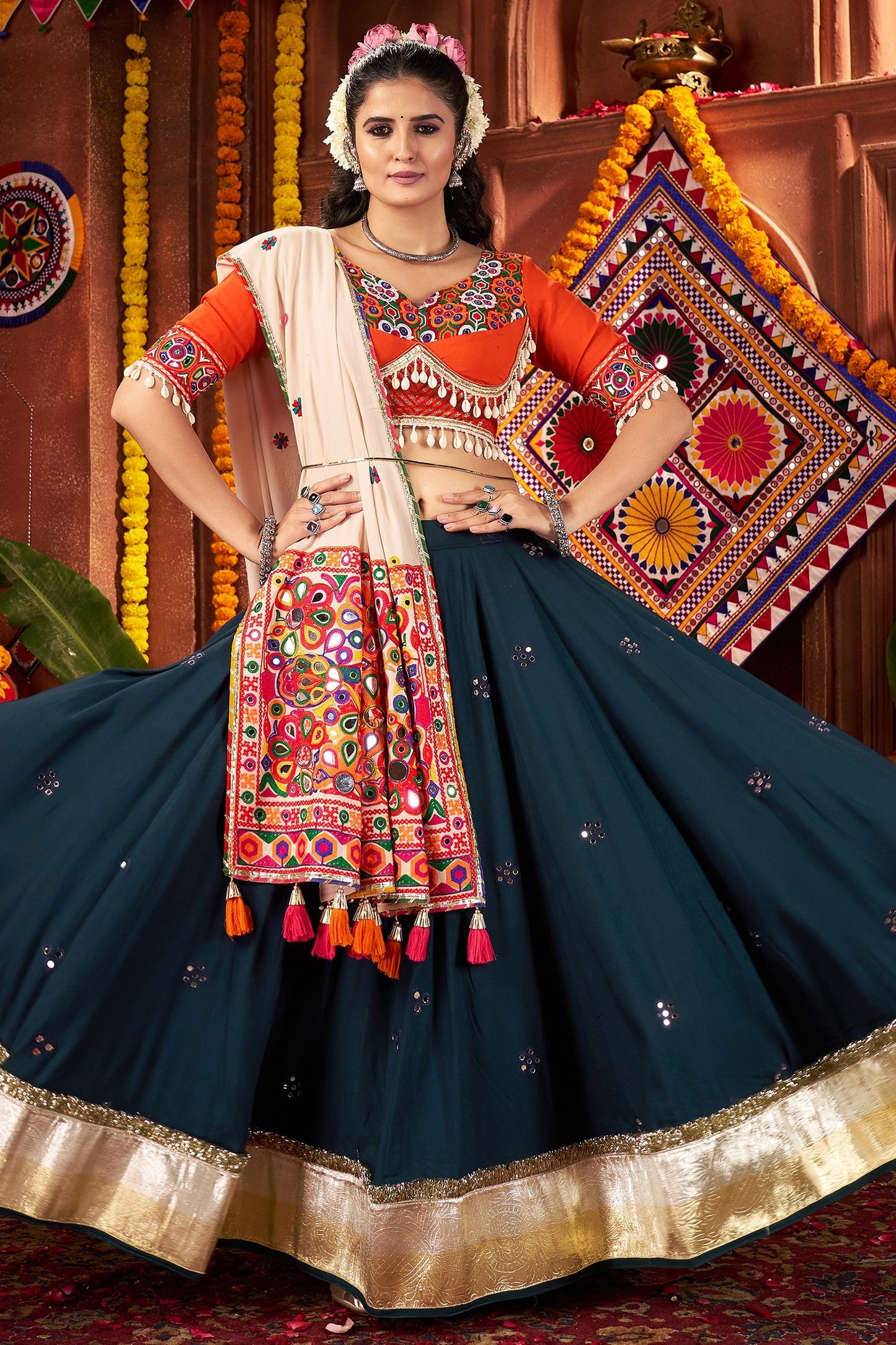 eal Blue Viscose Cotton Mirror Worked Chaniya Choli with Kachchi Work Dupatta