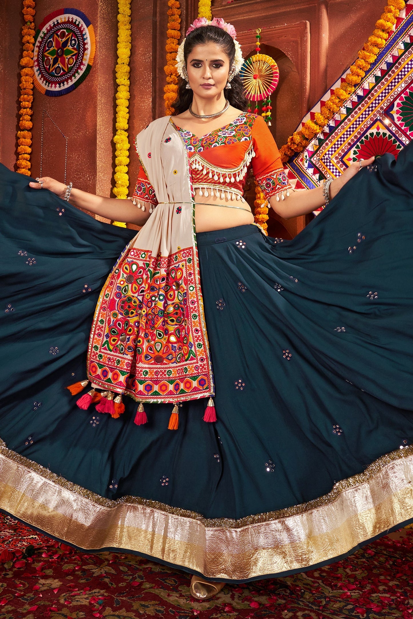 eal Blue Viscose Cotton Mirror Worked Chaniya Choli with Kachchi Work Dupatta