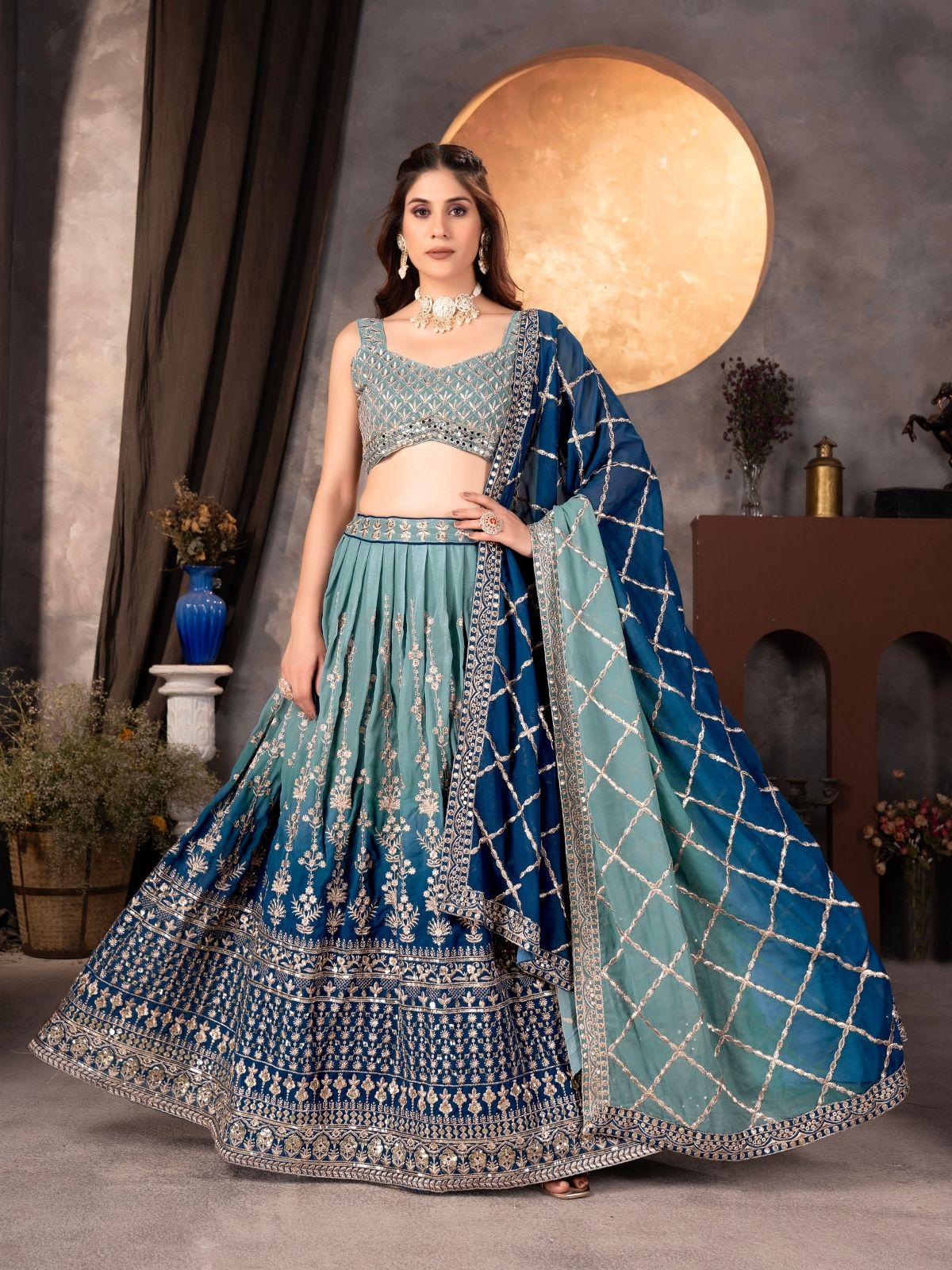 Odette Blue Georgette Embroidered Semi-Stitched lehenga For Women