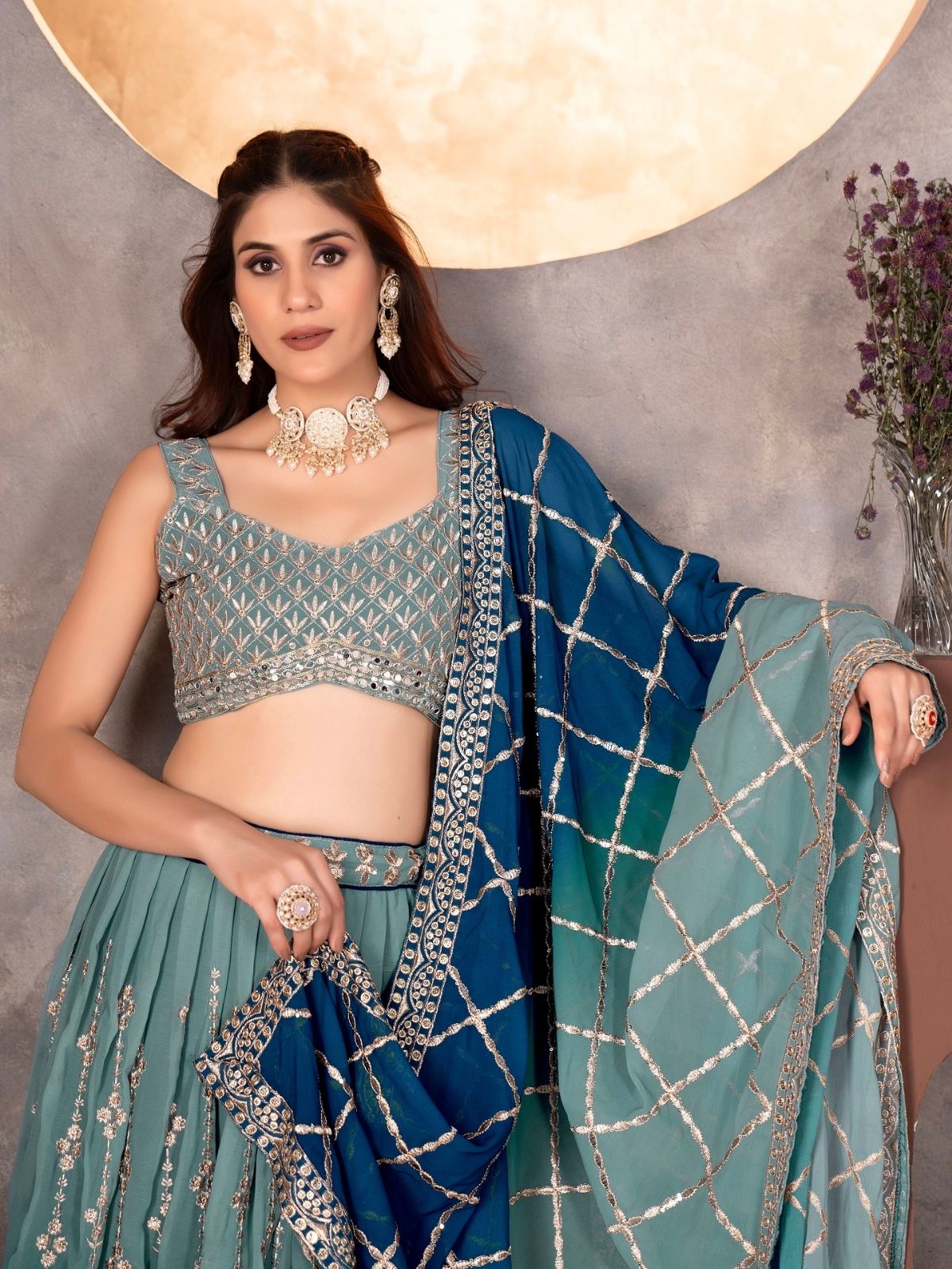 Odette Blue Georgette Embroidered Semi-Stitched lehenga For Women
