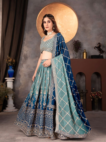 Odette Blue Georgette Embroidered Semi-Stitched lehenga For Women