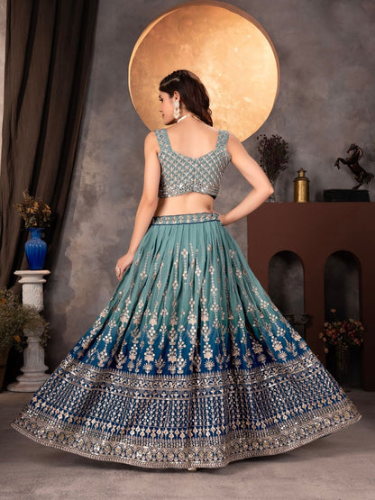 Odette Blue Georgette Embroidered Semi-Stitched lehenga For Women