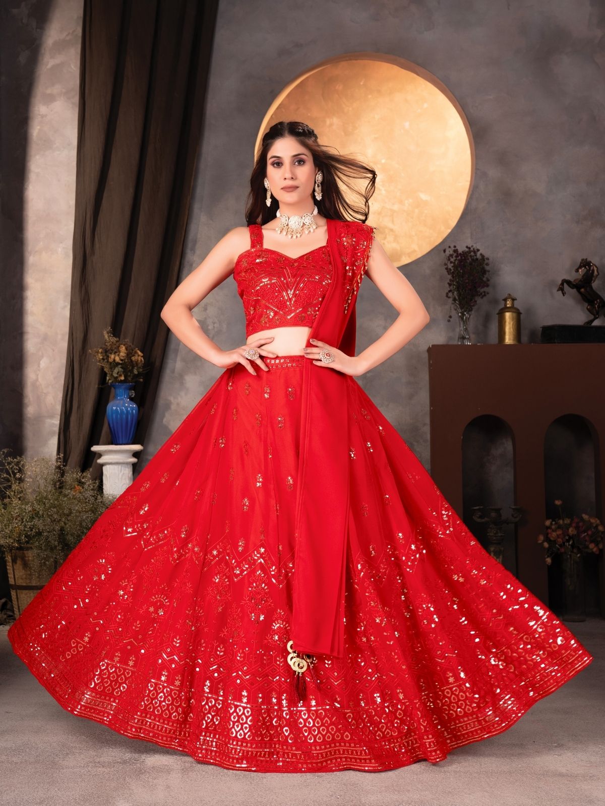 Odette Red Georgette Embroidered Semi-Stitched lehenga For Women