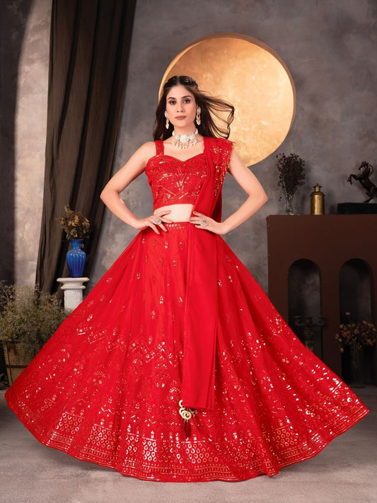 Odette Red Georgette Embroidered Semi-Stitched lehenga For Women