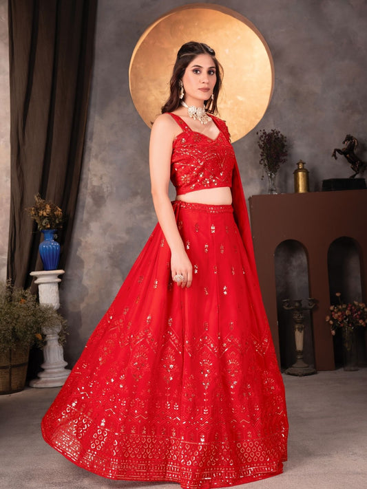 Odette Red Georgette Embroidered Semi-Stitched lehenga For Women
