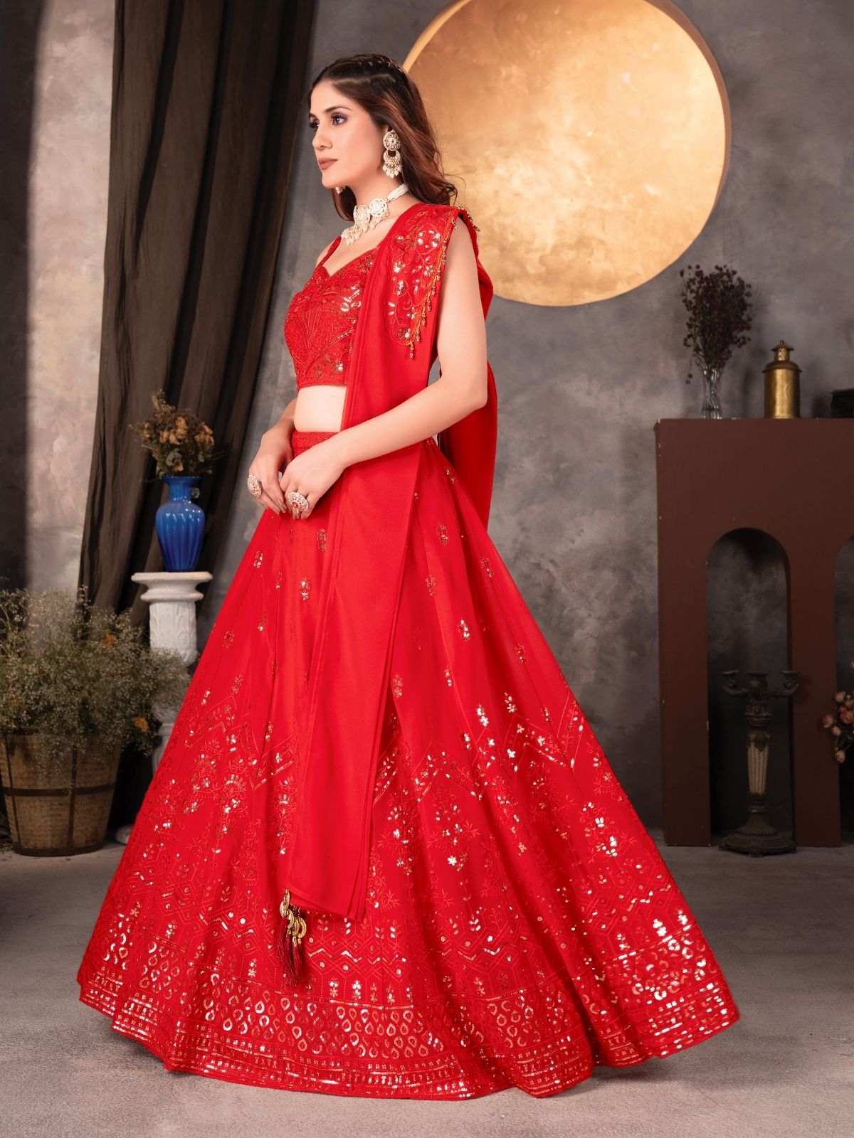Odette Red Georgette Embroidered Semi-Stitched lehenga For Women