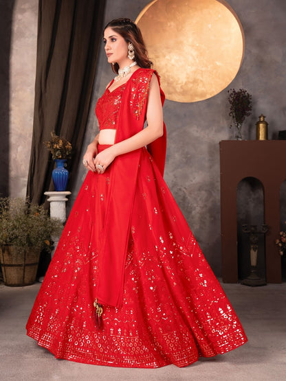 Odette Red Georgette Embroidered Semi-Stitched lehenga For Women