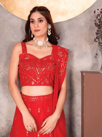 Odette Red Georgette Embroidered Semi-Stitched lehenga For Women