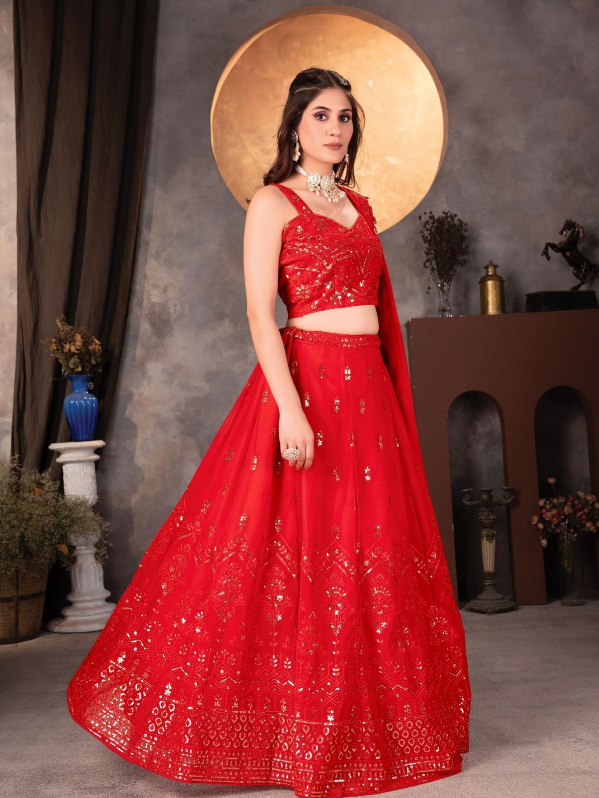 Odette Red Georgette Embroidered Semi-Stitched lehenga For Women