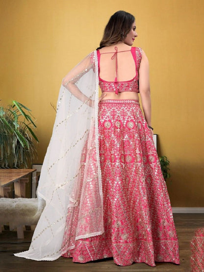 Odette Pink Silk Blend Embellished Semi-Stitched Lehenga For Women