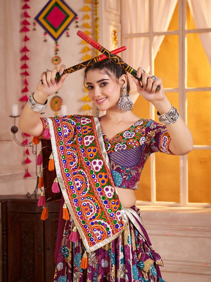 Odette Purple Cotton Blend Embroidered  Semi-Stitched Lehenga For Women