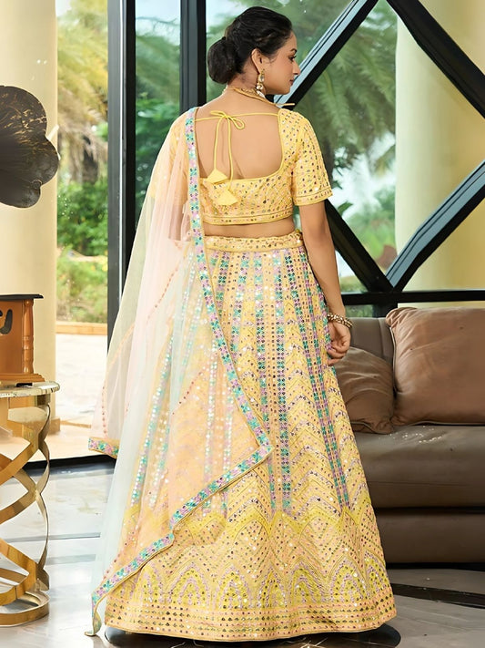 Odette Yellow Dola Silk Embellished Semi-Stitched Lehenga For Women