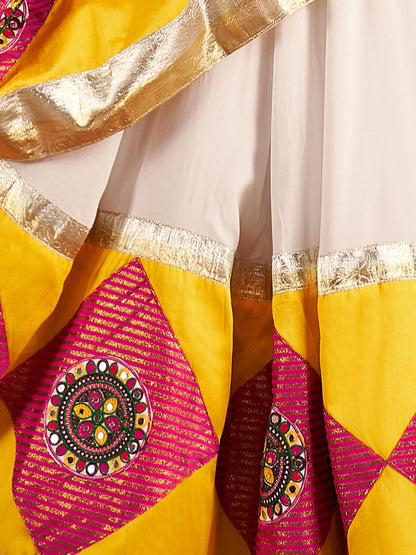Odette Multicolor Viscose Cotton Embroidered Semi-Stitched lehenga With Patch Work And Stunning Tassels For Women