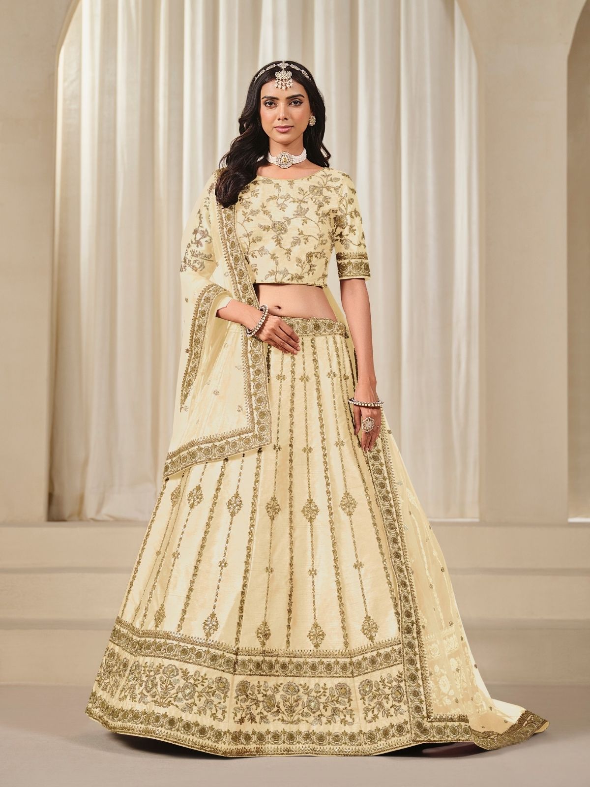 Odette Cream Art Silk Embroidered Semi-Stitched lehenga For Women