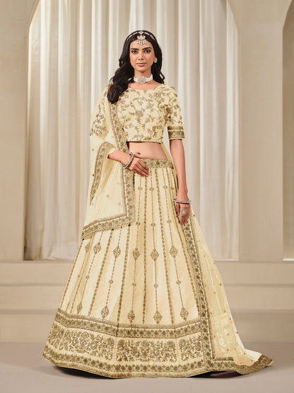 Odette Cream Art Silk Embroidered Semi-Stitched lehenga For Women